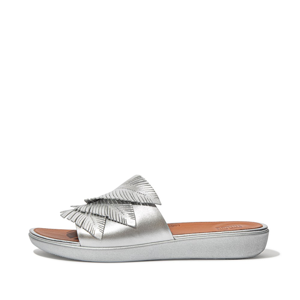 Fitflop Womens Slides - Sola Feather Metallic Leather - Silver - 426-PQHWAI
